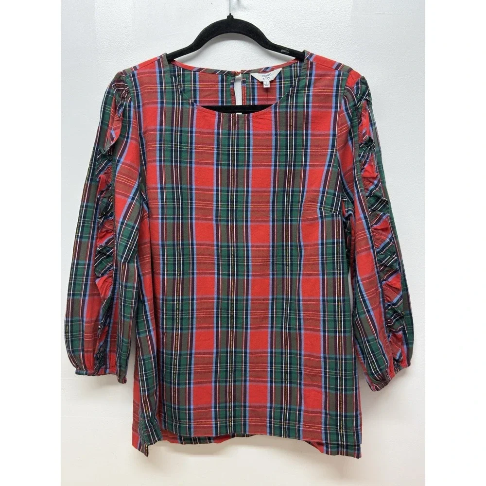 Crown & Ivy Red Tartan Plaid 3/4 Sleeve Blouse‎ Womens Large Ruffle Holiday #37